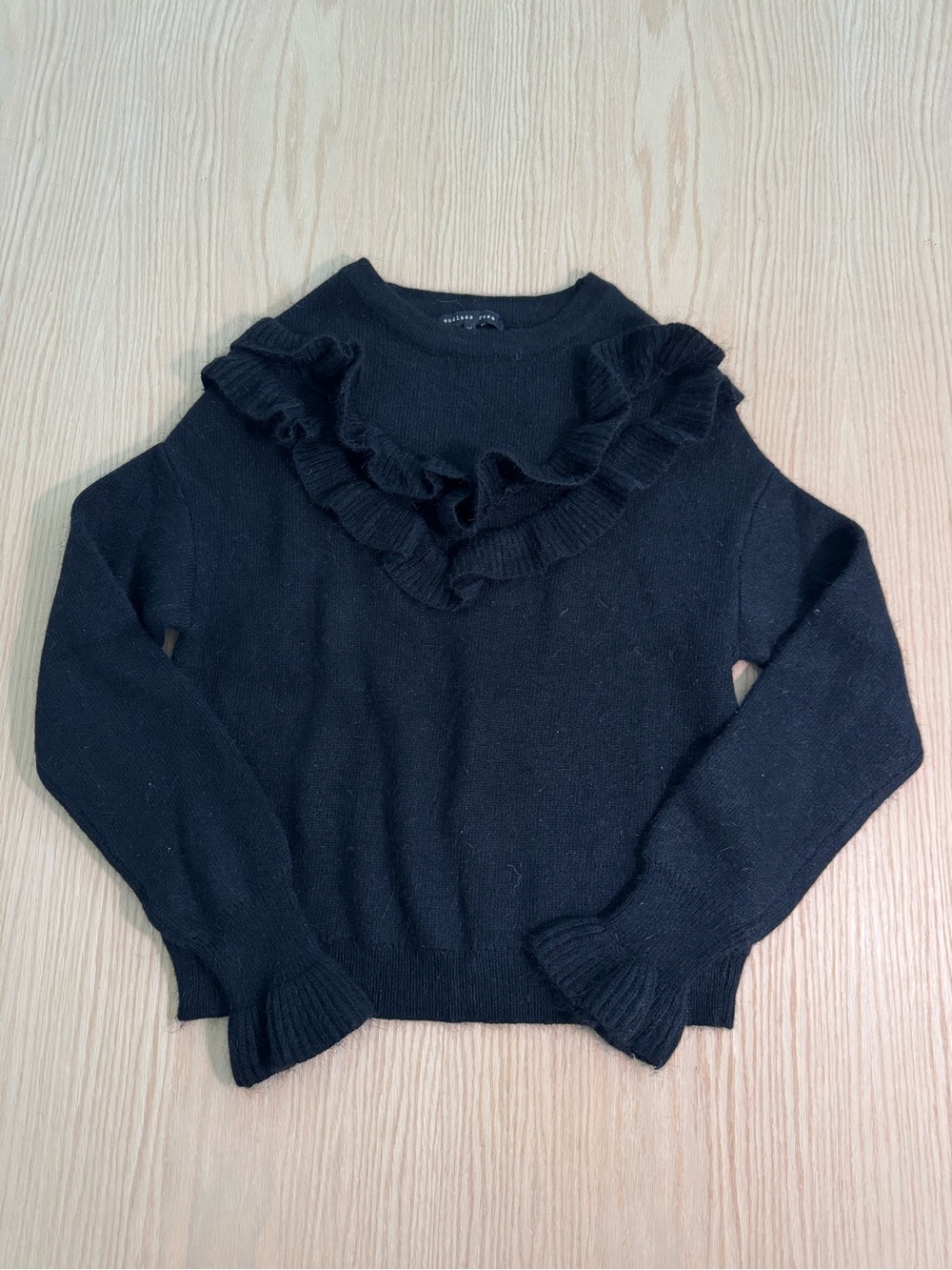 Endless Rose Black Ruffle-Front Crewneck Sweater